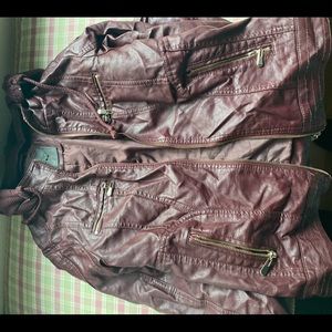 Red leather jacket with hood